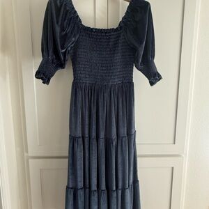 Elegant dusty blue velvet tiered midi dress